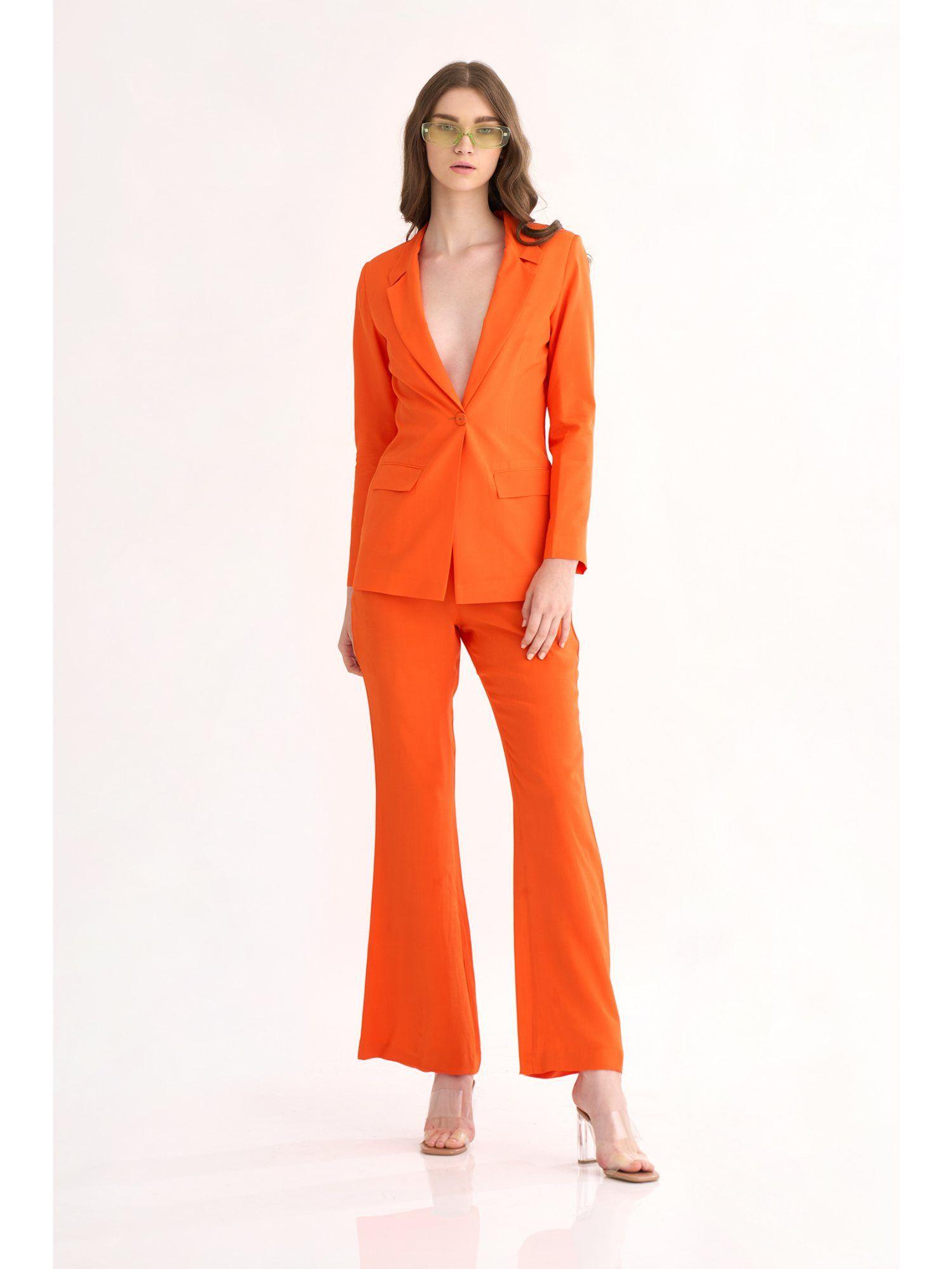 orange silk crepe power shoulder blazer with matching fit & flare pants (set of 2)