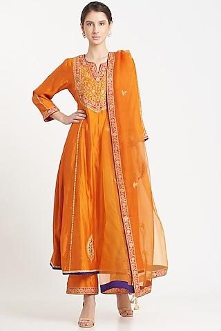 orange silk embroidered anarkali set