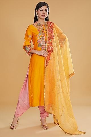 orange silk embroidered kurta set