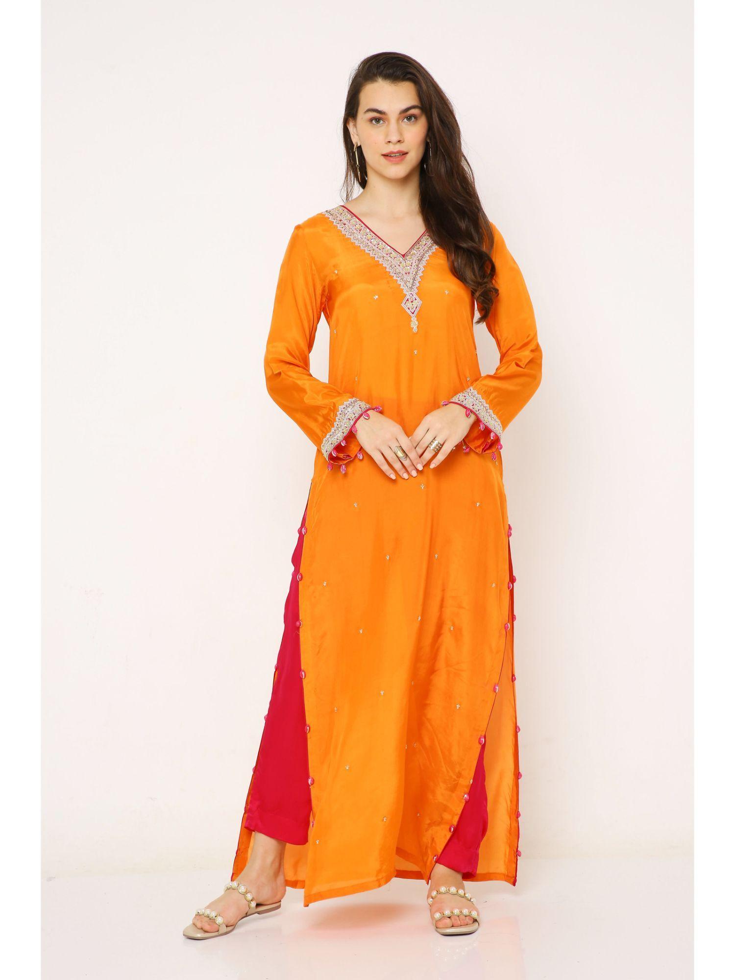 orange silk embroidered kurta with hot pink pants (set of 2)
