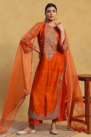 orange silk hand embroidered kurta set