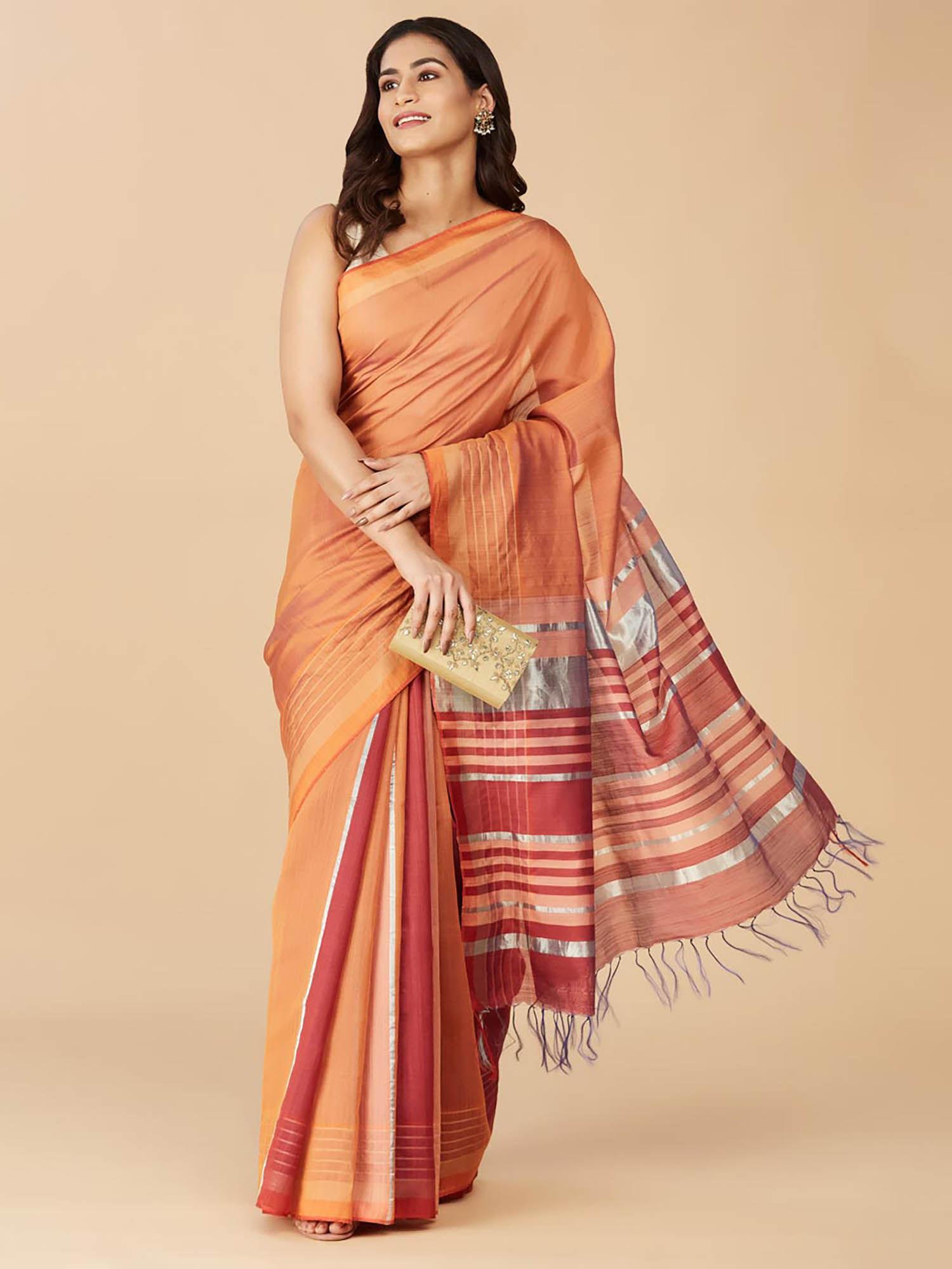 orange silk hand woven saree without blouse