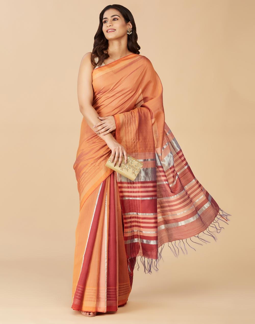 orange silk hand woven sari