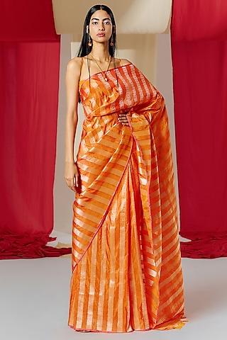 orange silk handwoven banarasi kadwa saree set