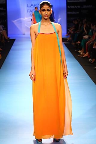 orange silk layered halter gown