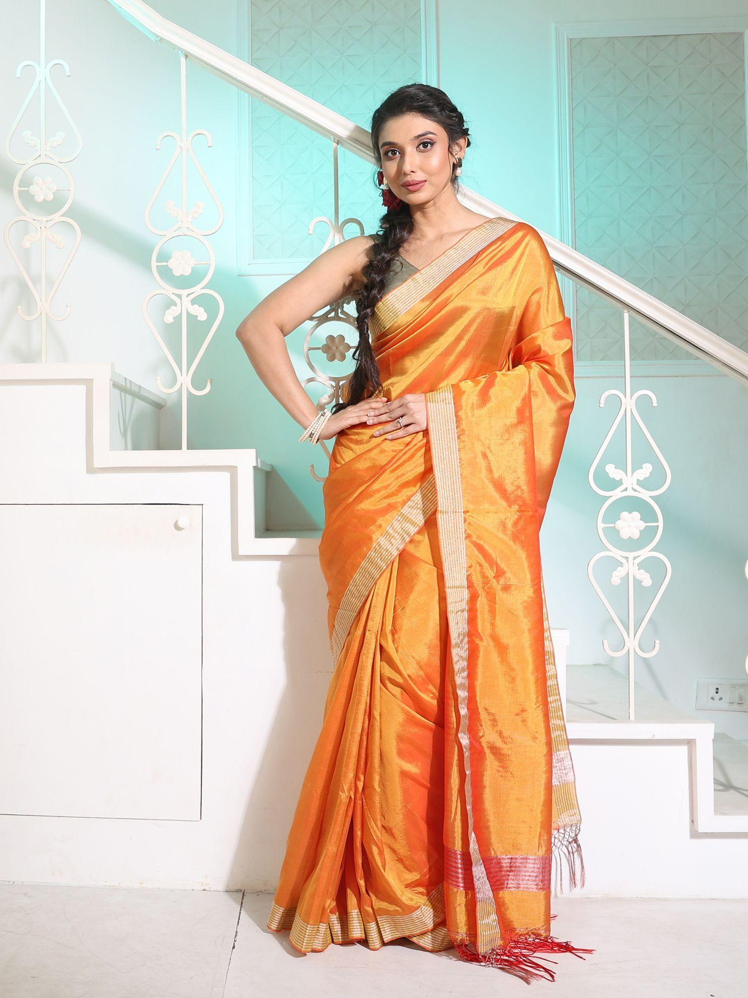 orange silk matka handwoven saree with woven zari designs with unstitched blouse