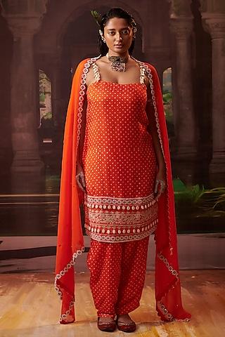 orange silk printed & embroidered kurta set