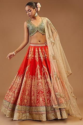 orange silk printed & embroidered lehenga set