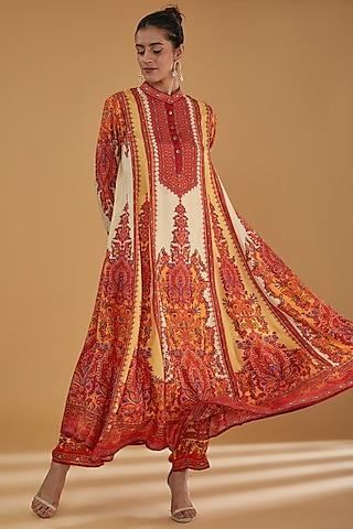 orange silk printed anarkali set