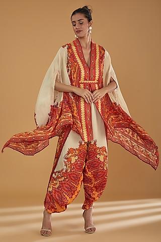 orange silk printed cape set