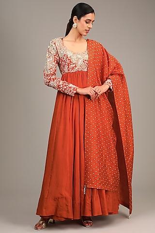 orange silk resham & zardosi embroidered anarkali set