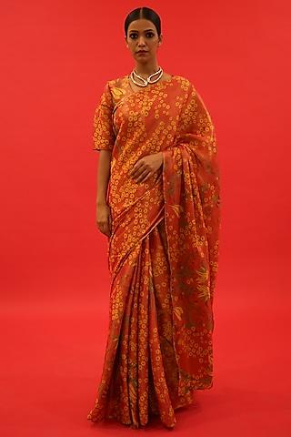 orange silk tissue floral digital printed handcrafted saree set