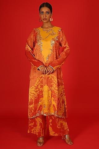 orange silk tissue printed handcrafted kurta set
