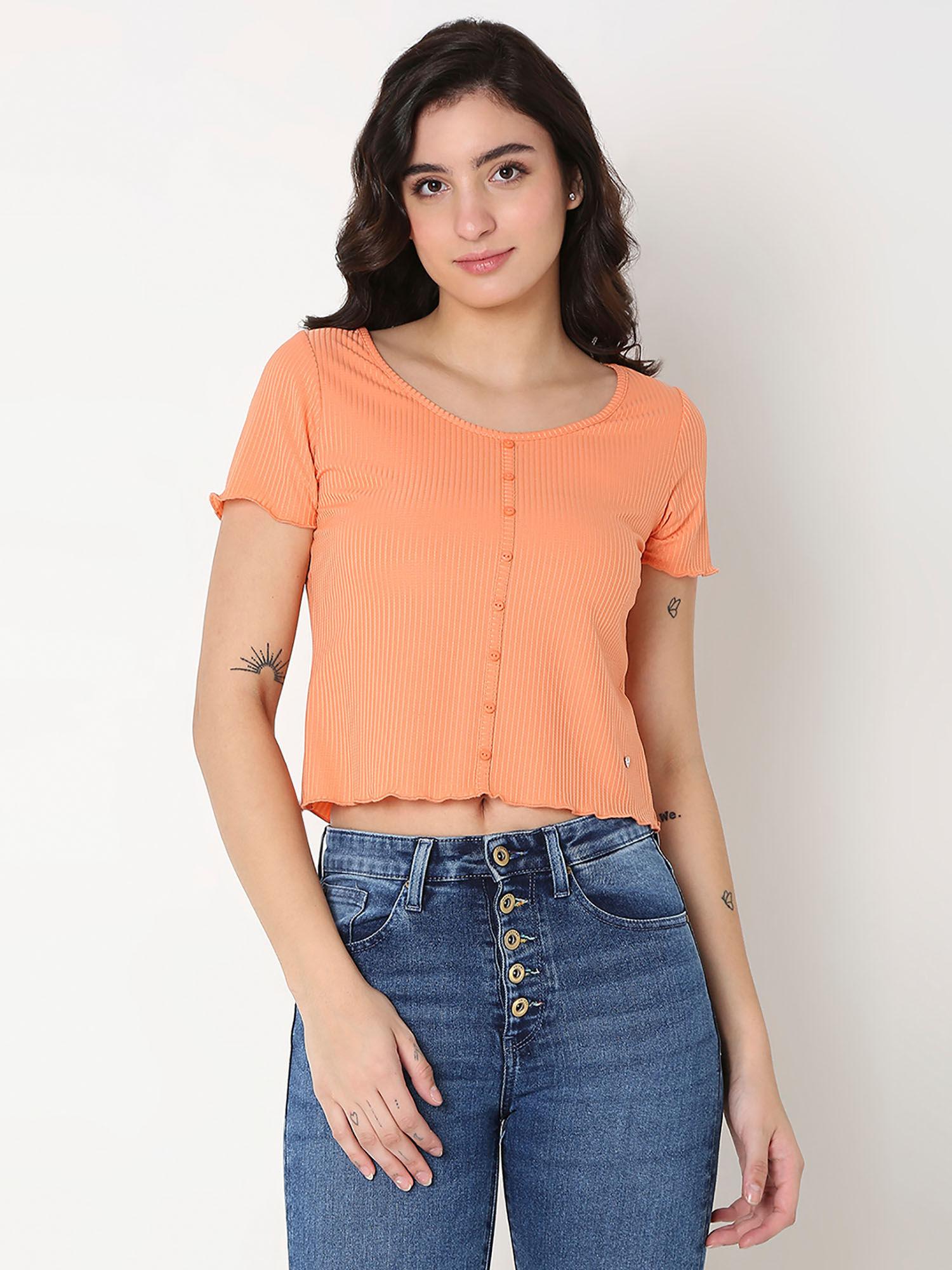 orange slim half sleeve crop top for women