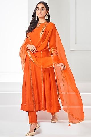 orange soft chanderi embroidered kurta set