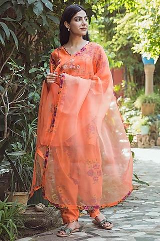 orange soft chanderi printed & hand embroidered kurta set