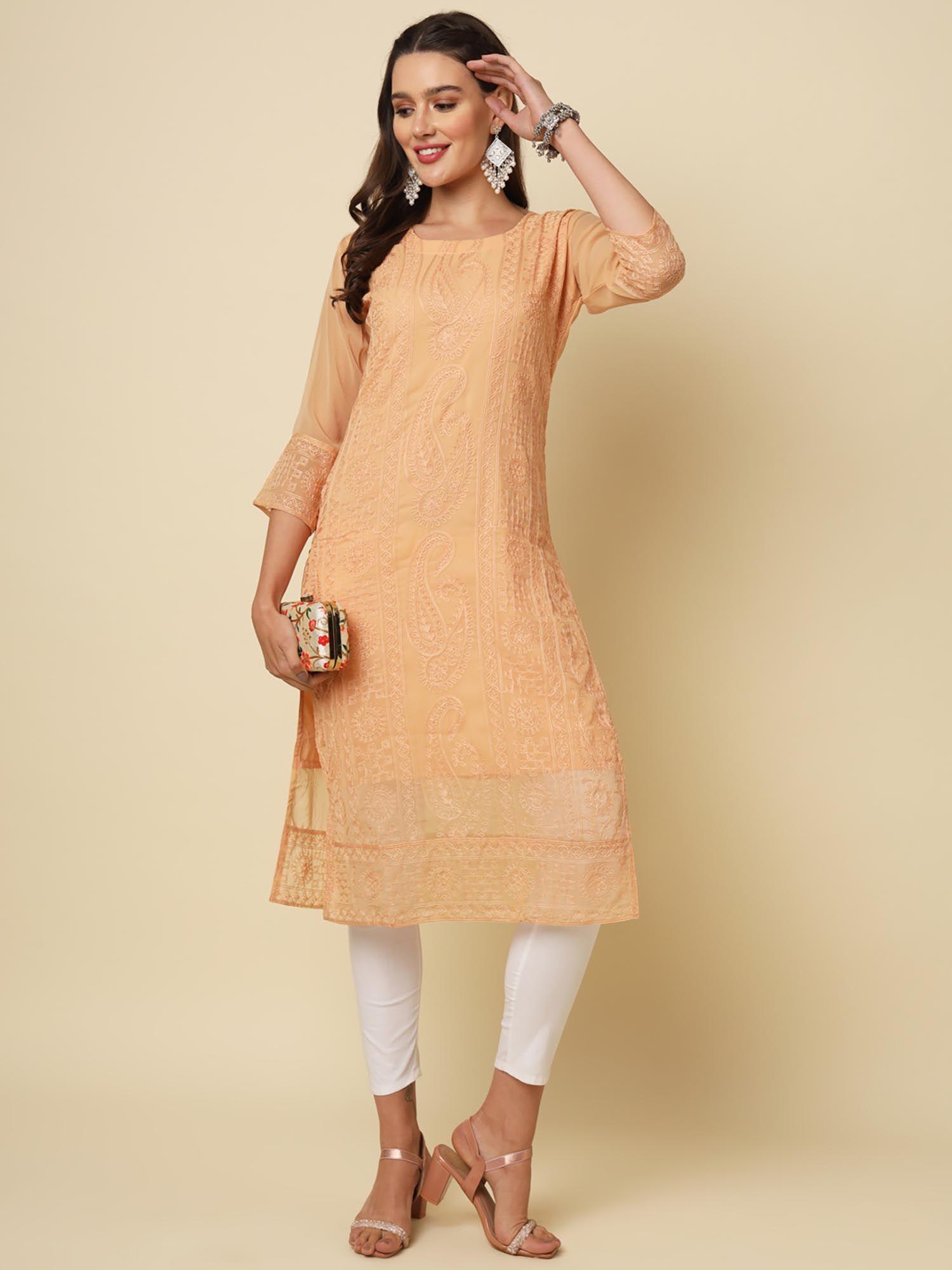 orange soft georgette lucknowi chikankari straigh kurta