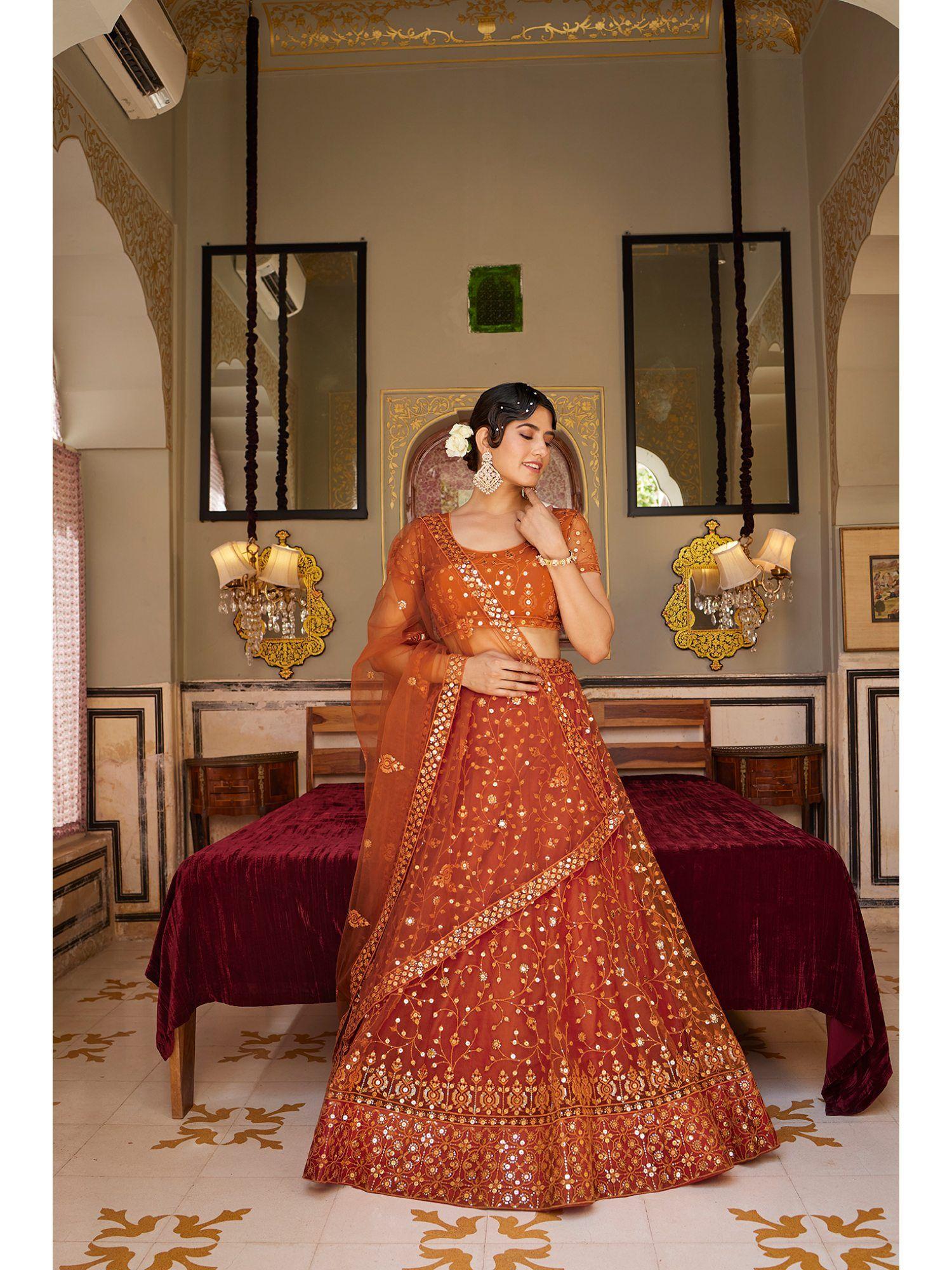 orange soft net sequins embroidered lehenga choli