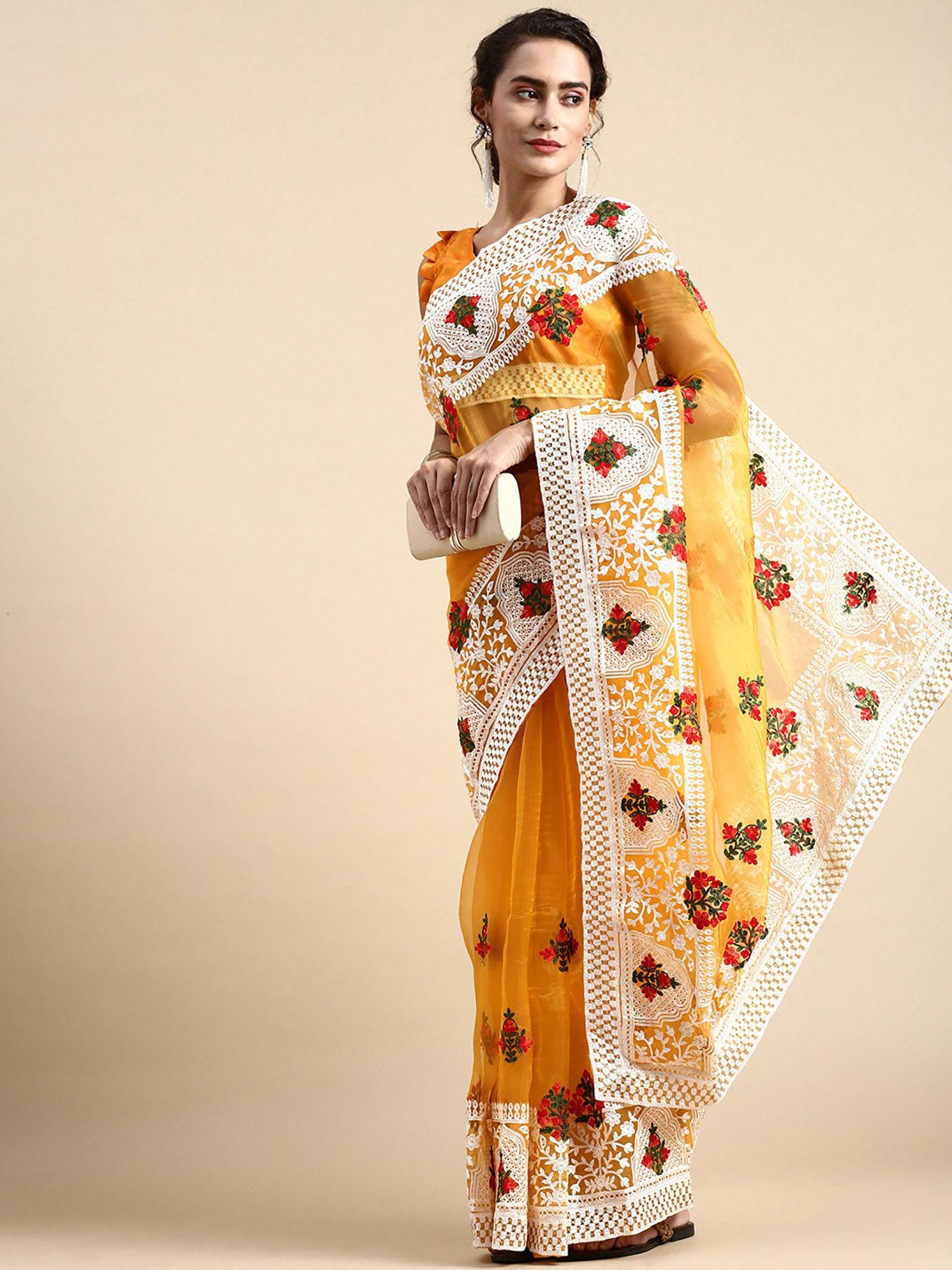 orange soft organza embroidery saree with silk unstitched blouse