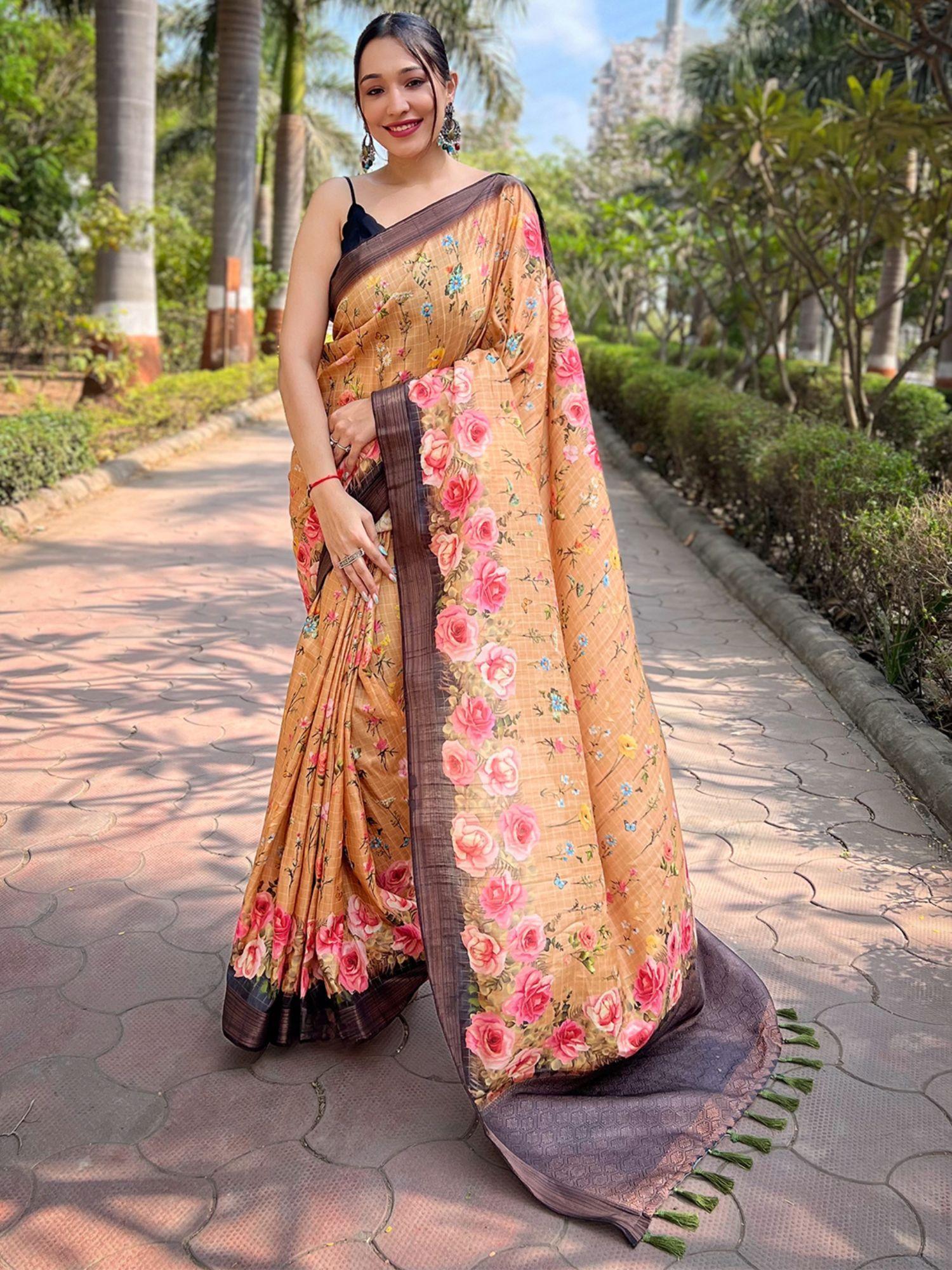 orange soft silk copper zari weaving digital floral saree with unstitched blouse