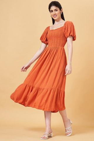 orange solid calf-length  casual women slim fit  dress