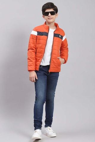 orange solid casual full sleeves high neck boys smart fit jacket