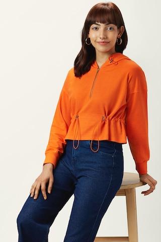 orange solid casual full sleeves regular hood women regular fit sweatshirt