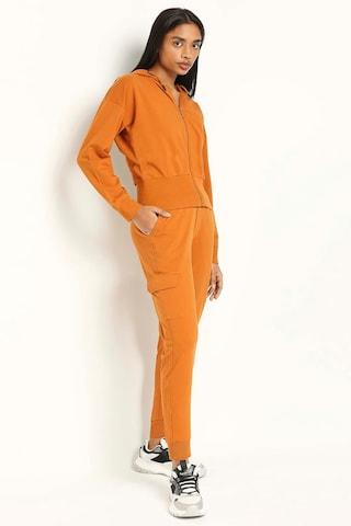 orange solid casual full sleeves regular hood women slim fit sweatshirt