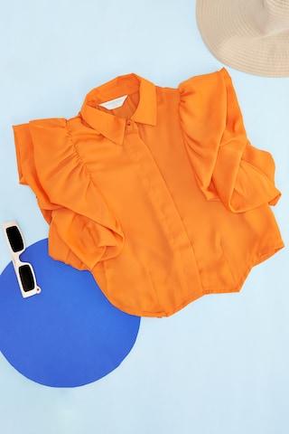 orange solid casual ruffle sleeves regular collar girls regular fit blouse