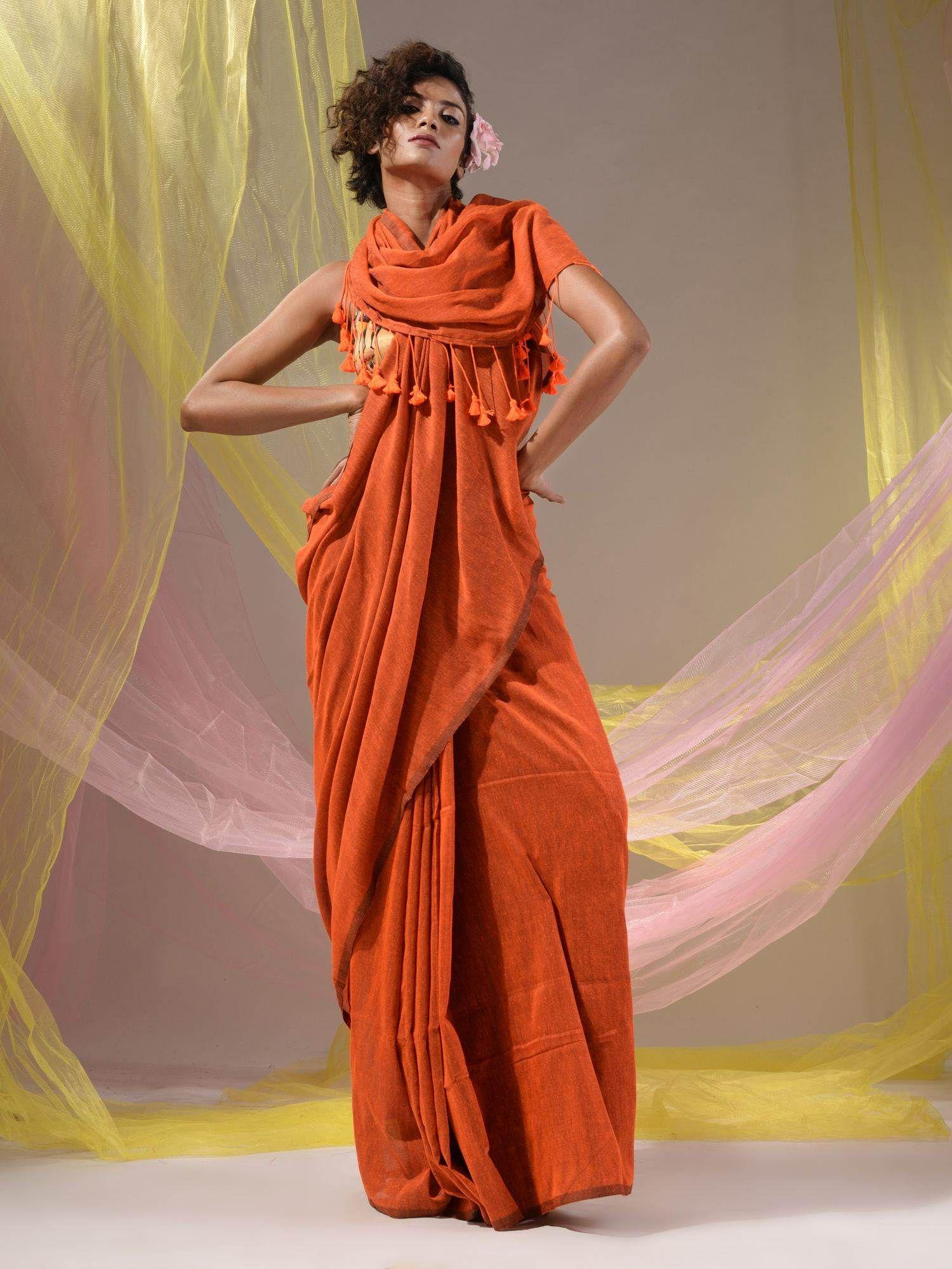 orange solid cotton handloom soft tassels saree with unstitched blouse