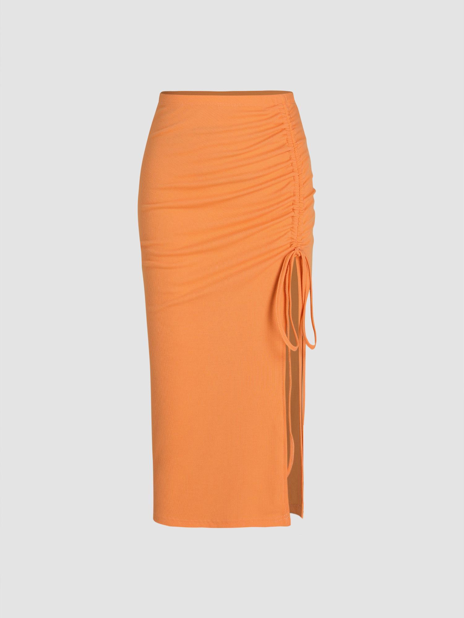 orange solid drawstring split midi skirt