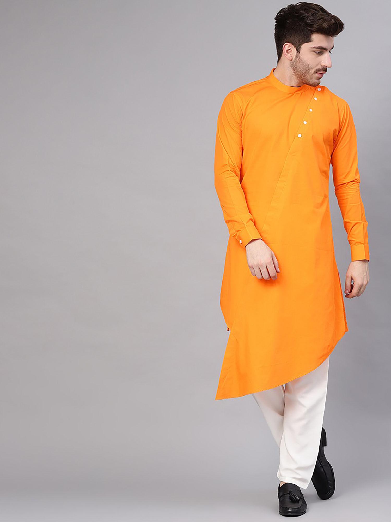 orange solid full sleeves kurta & pyjama (set of 2)