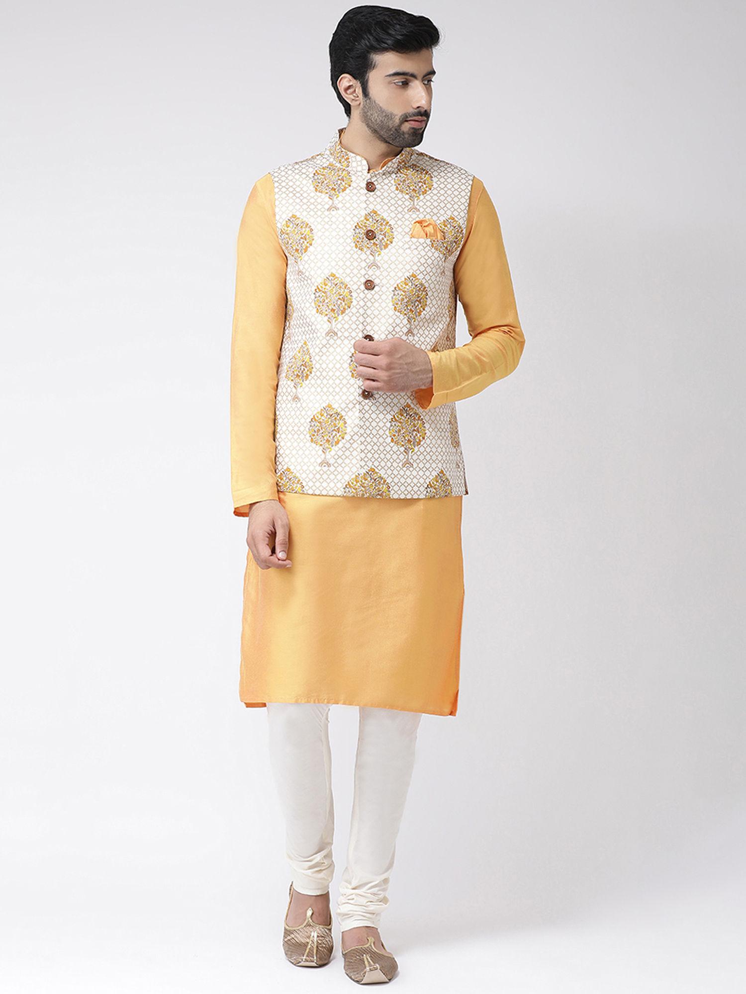 orange solid handloom kurta with churidar and nehru jacket (set of 3)
