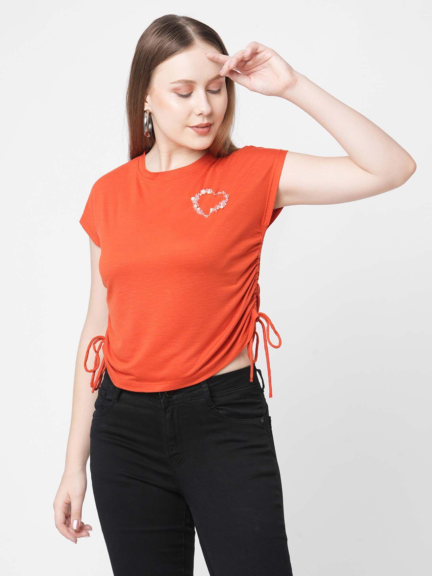 orange solid heart embellished placement t-shirt