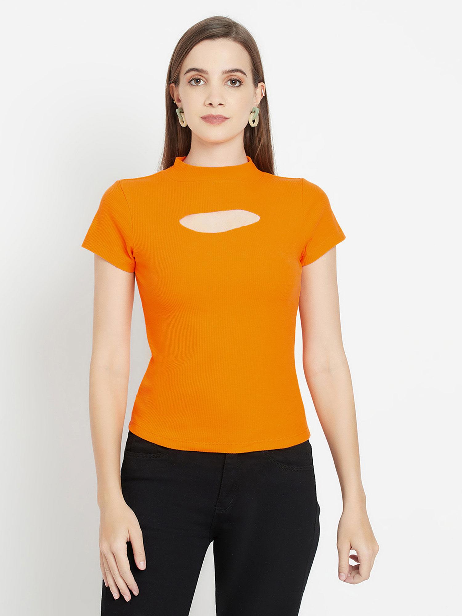 orange solid orange cut out knitted short sleeve body fit top