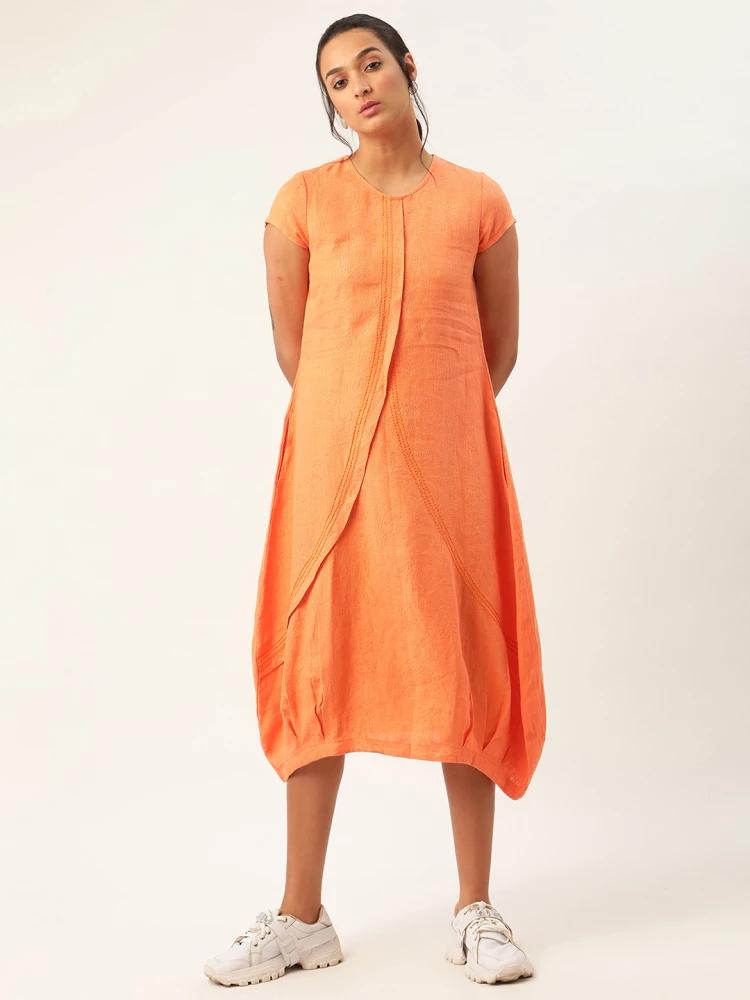 orange solid round neck dress