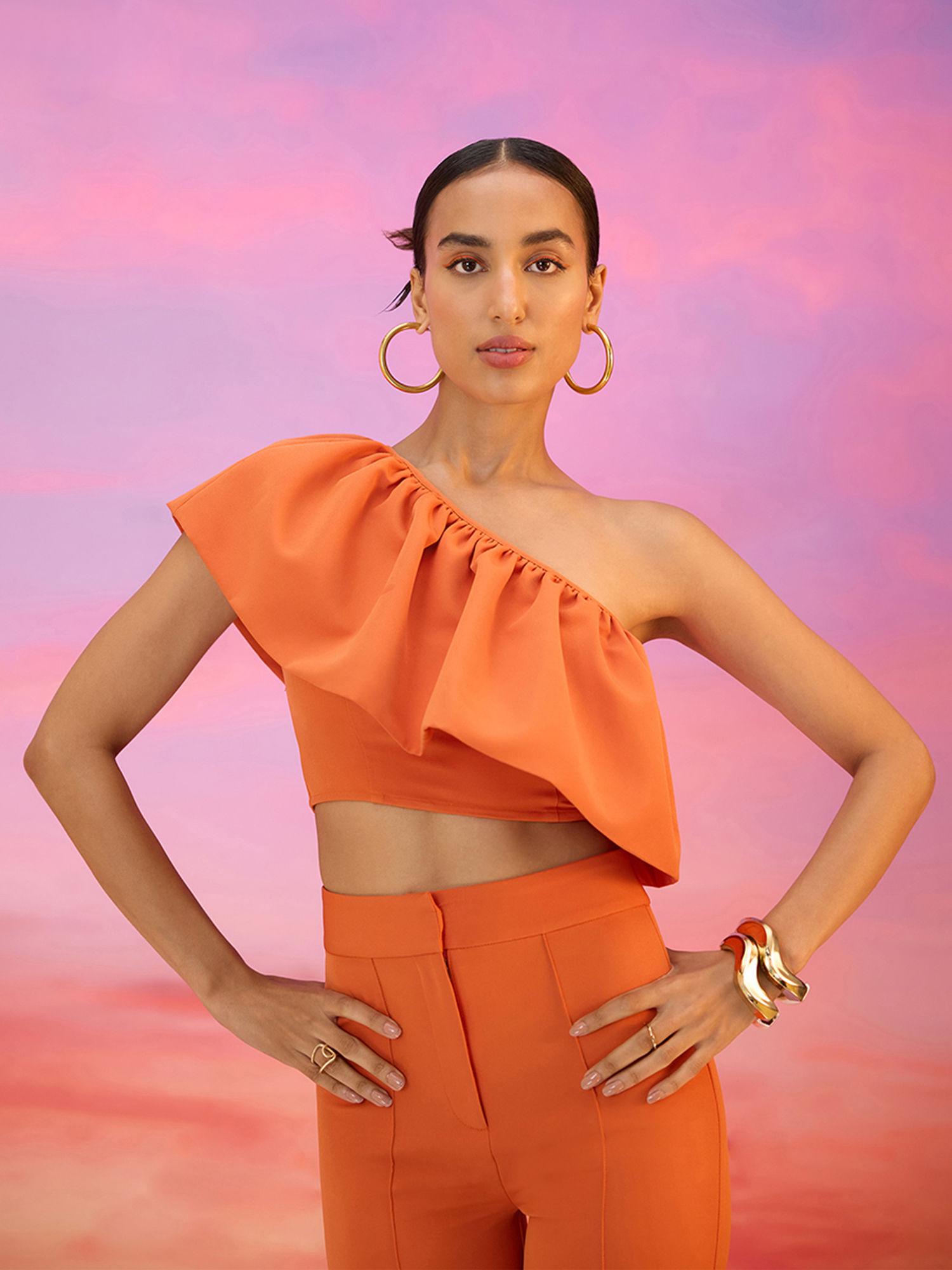 orange solid ruffle one shoulder crop top