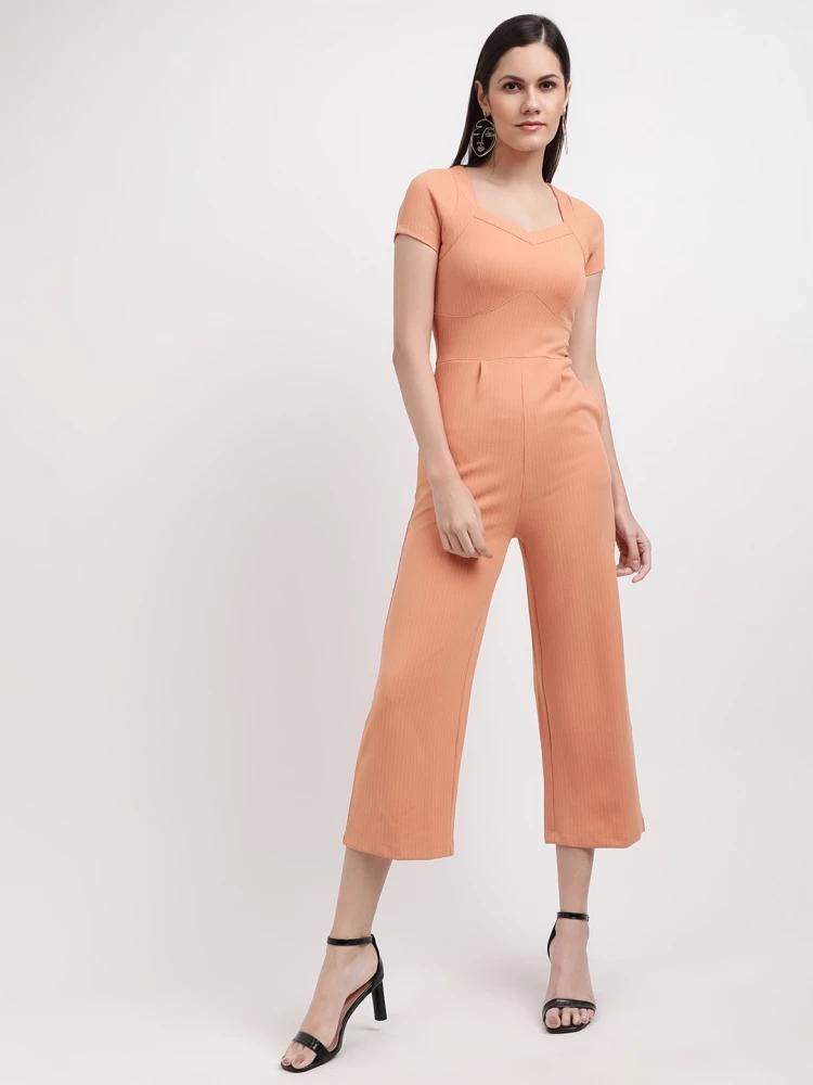 orange solid square neck jumpsuit