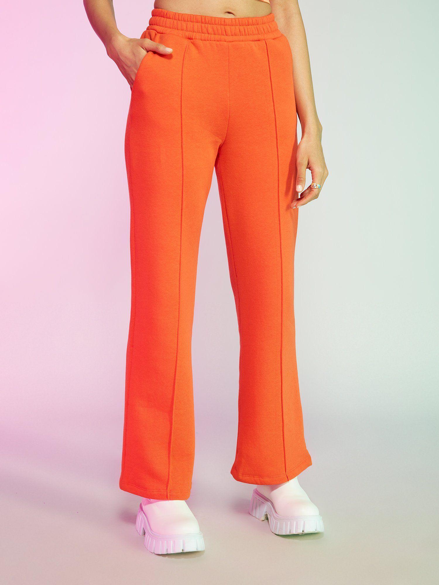 orange solid straight fit pants