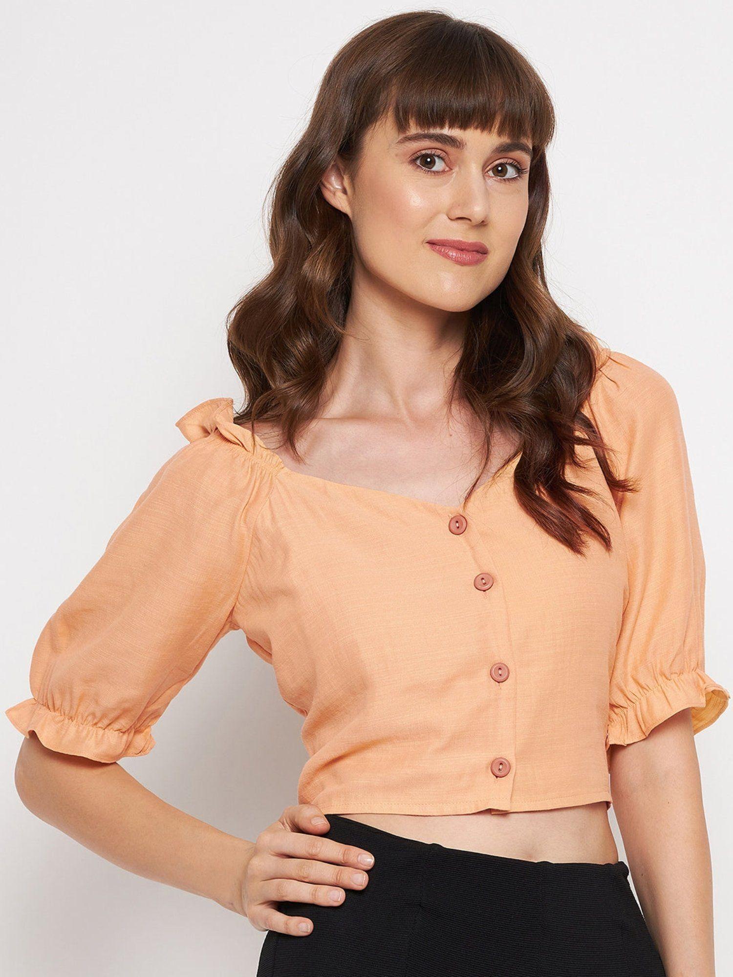 orange solid sweetheart crop tops