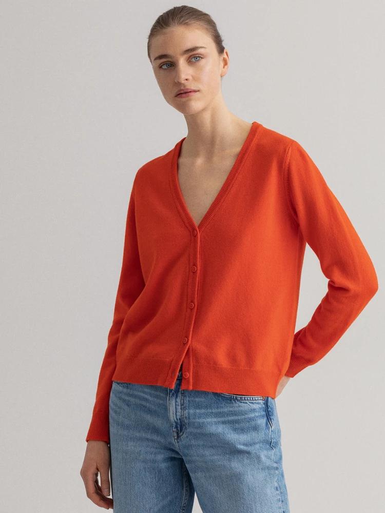 orange solid v neck cardigan