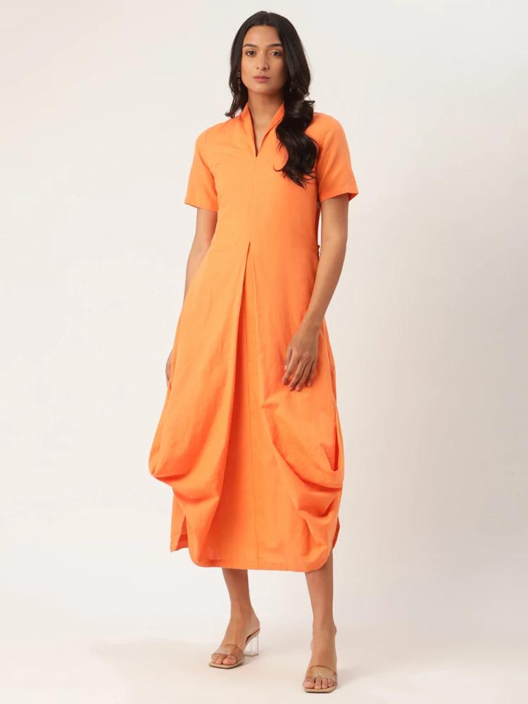 orange solid v neck dress