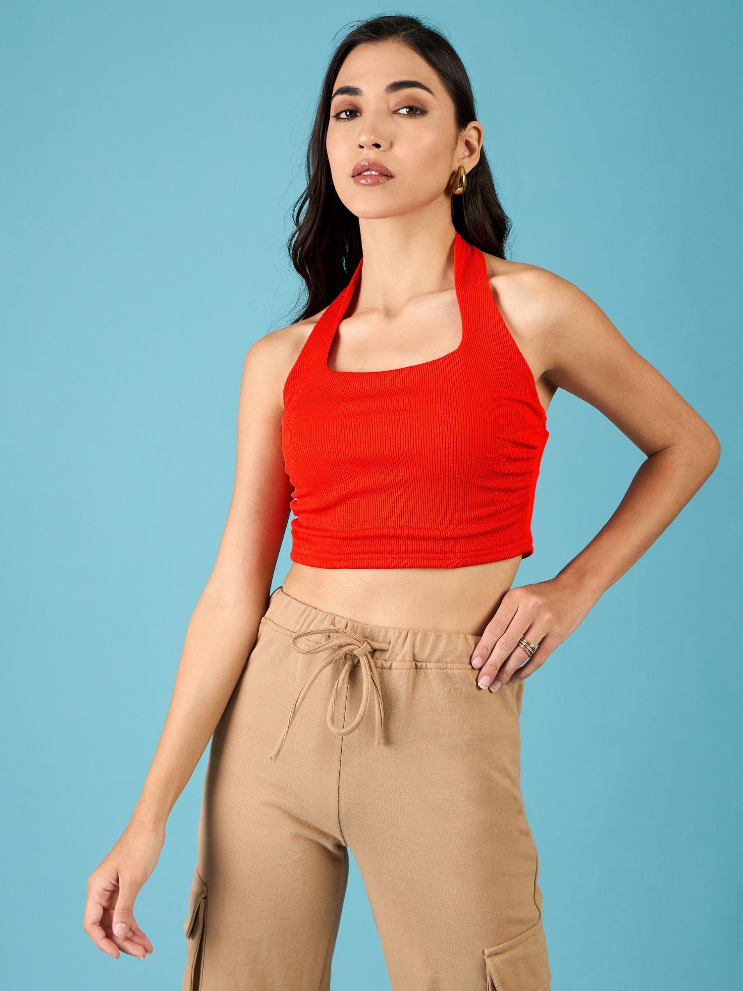 orange stretchable halter neck crop top