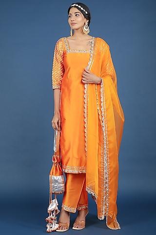 orange taffeta silk kurta set