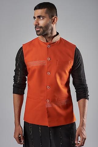 orange terene & rayon embroidered bundi jacket