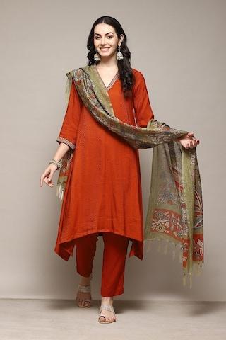 orange textured casual 3/4th sleeves v neck women asymmetric pant kurta dupatta set