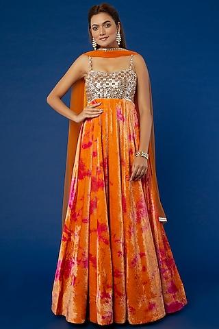 orange tie-dyed & embroidered anarkali set