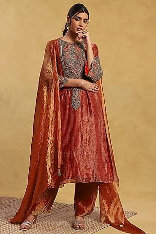 orange tissue dabka & sippi embroidered kurta set