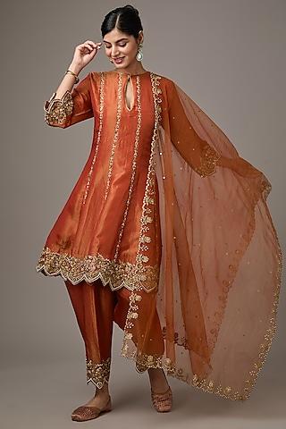 orange tissue dori hand embroidered kurta set