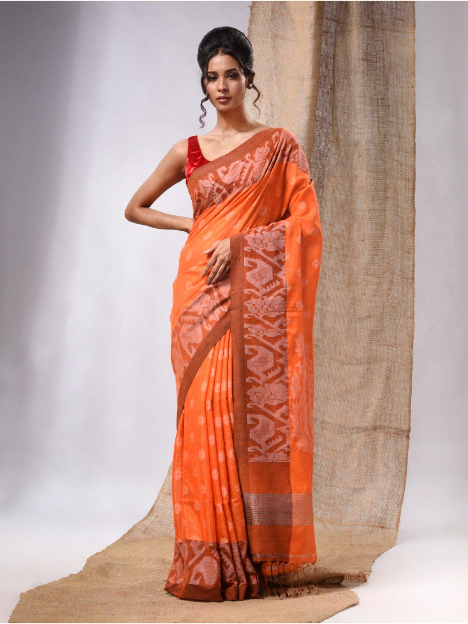 orange tissue handwoven saree with jamdani borders & unstitched blouse